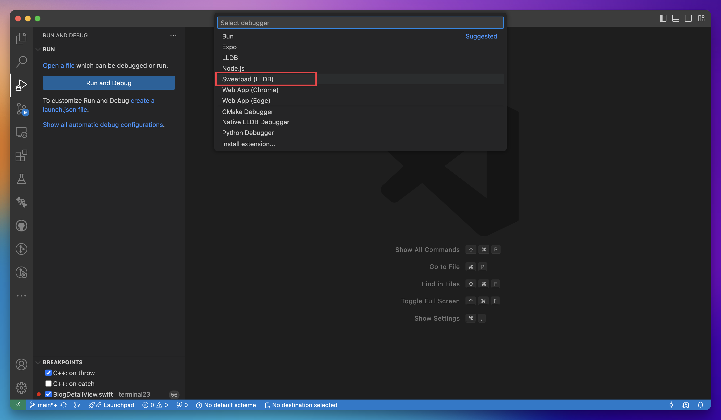Select SweetPad LLDB
